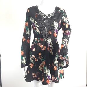 Multicolor Floral Black Lace Dress Long Sleeves
